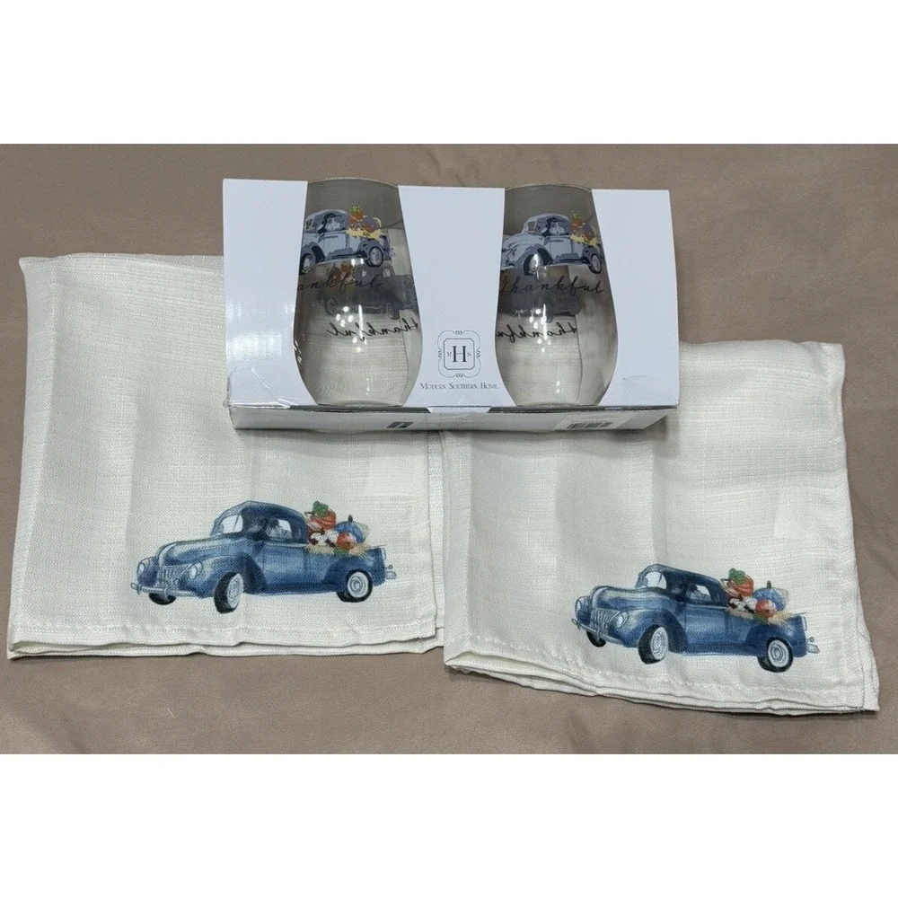 New Modern Southern Home Set Of 2 Stemless Wine Glasses 19oz W/Truck & 2 Napkins